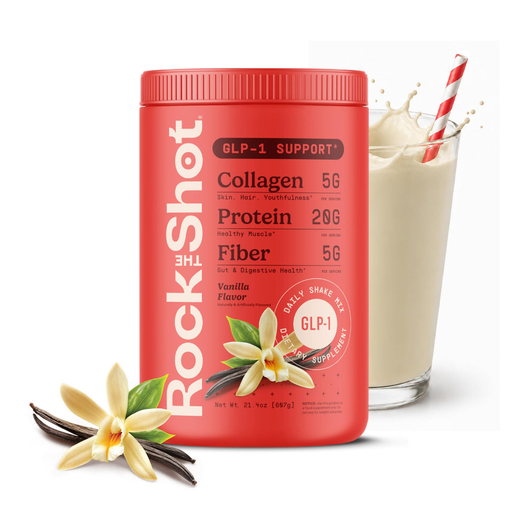 ROCK THE SHOT envase frontal sabor vainilla mostrando beneficios nutricionales