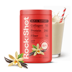 ROCK THE SHOT envase frontal sabor vainilla mostrando beneficios nutricionales