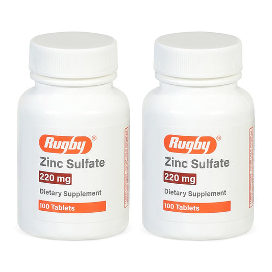 Rugby Laboratories tabletas de zinc sulfato frente: suplemento diario claro y compacto.