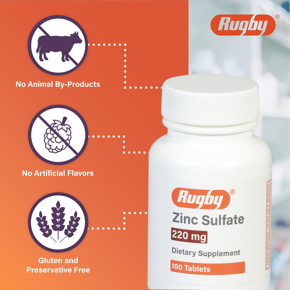 Rugby Laboratories tabletas de zinc sulfato primer plano: alto contenido en zinc para apoyo nutricional.