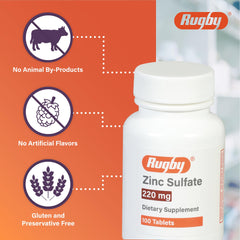 Rugby Laboratories tabletas de zinc sulfato primer plano: alto contenido en zinc para apoyo nutricional.