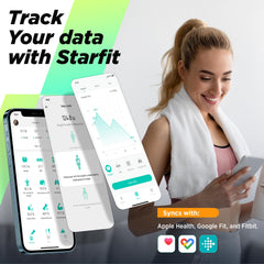 RunStar persona subiendo a la báscula descalza para medir composición corporal
