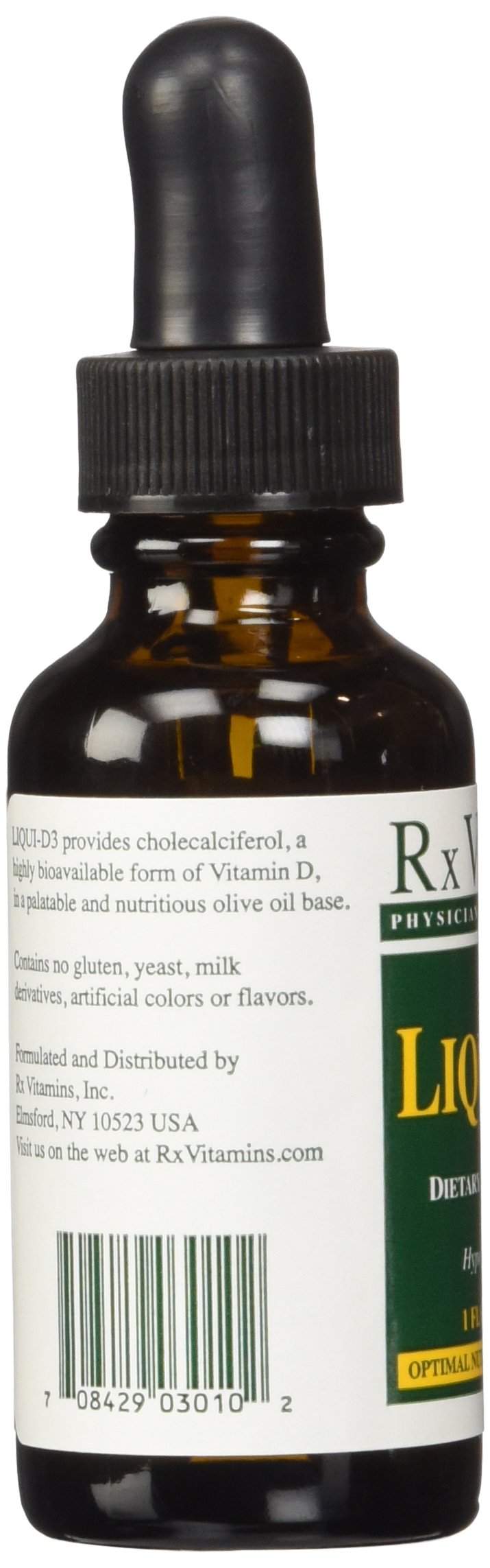 Comparación de tamaño de Rx Vitamins Liqui-D3 1 fl oz junto a moneda para escala