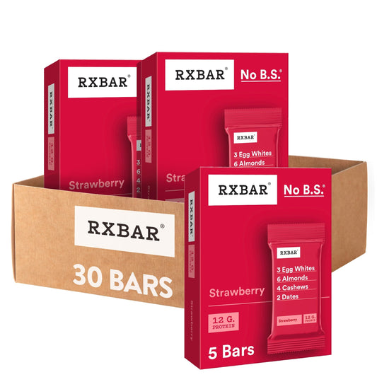 RXBAR vista frontal del paquete mostrando sabor fresa y beneficio de proteínas