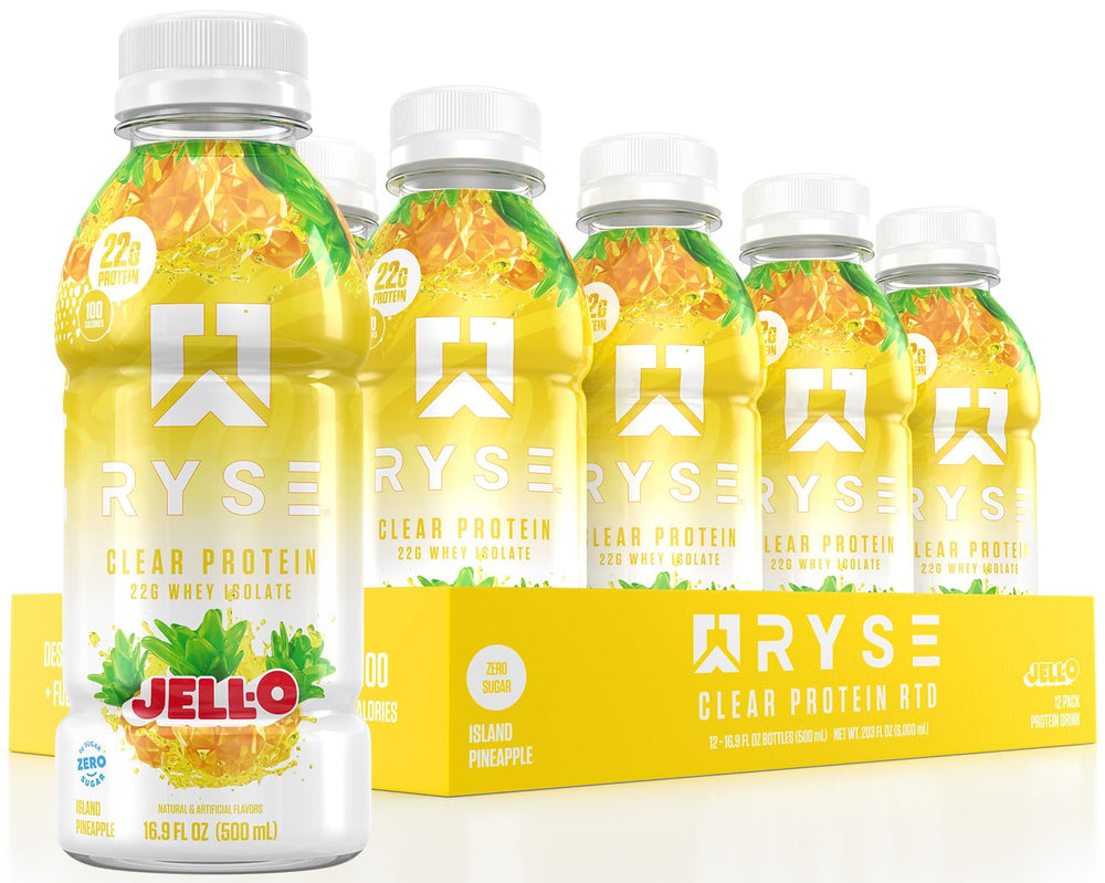RYSE botella frontal con diseño claro y sabor piña, refresco rico en proteína