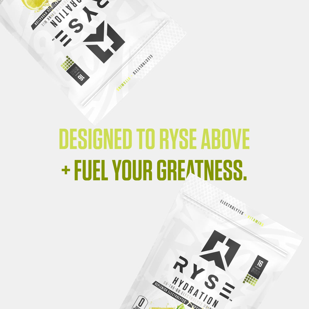 RYSE Up Supplements etiqueta con lista de electrolitos y vitaminas claras
