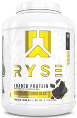RYSE Up Supplements envase frontal mostrando sabor galleta de chocolate y beneficio proteico