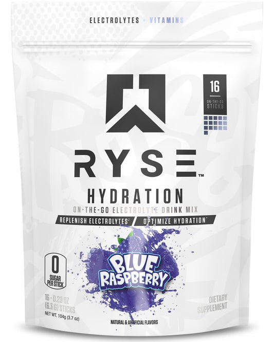 RYSE Up Supplements empaque frontal de 16 sobres mostrando el sabor blue raspberry y beneficios