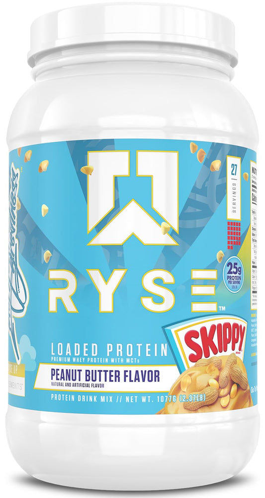 RYSE Up frente del tarro mostrando la etiqueta y beneficio nutritivo