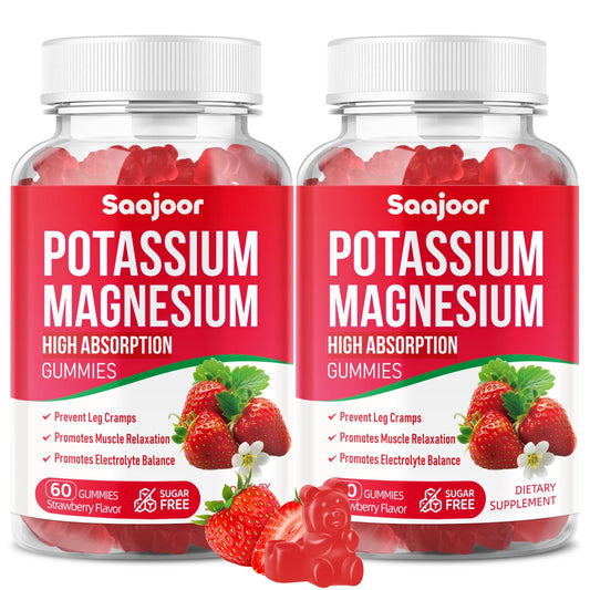 Frasco Saajoor Potassium Magnesium Gummies vista frontal con sabor fresa y beneficios visibles