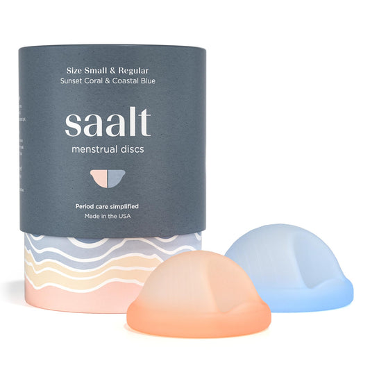 Saalt Disc Duo in packaging highlights reusable silicone design for sustainable period care.