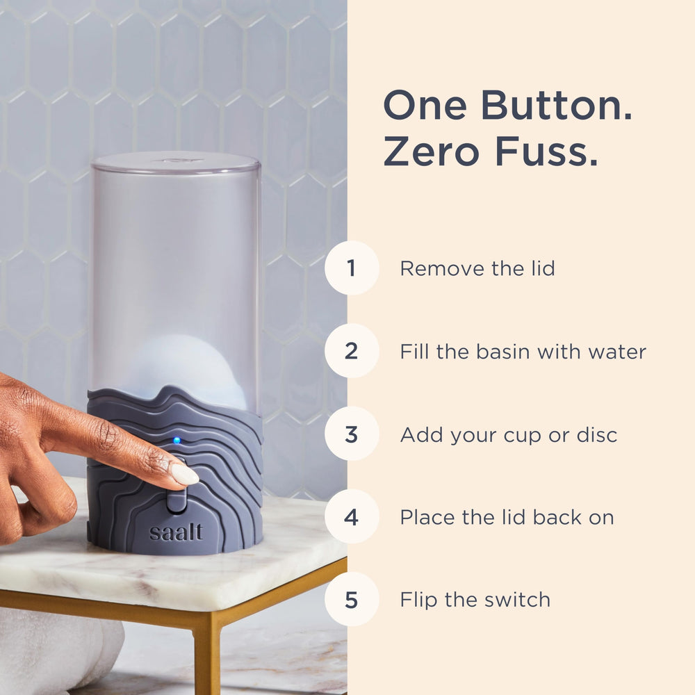 Diseño compacto de Saalt Steamer para encimera y espacio reducido.