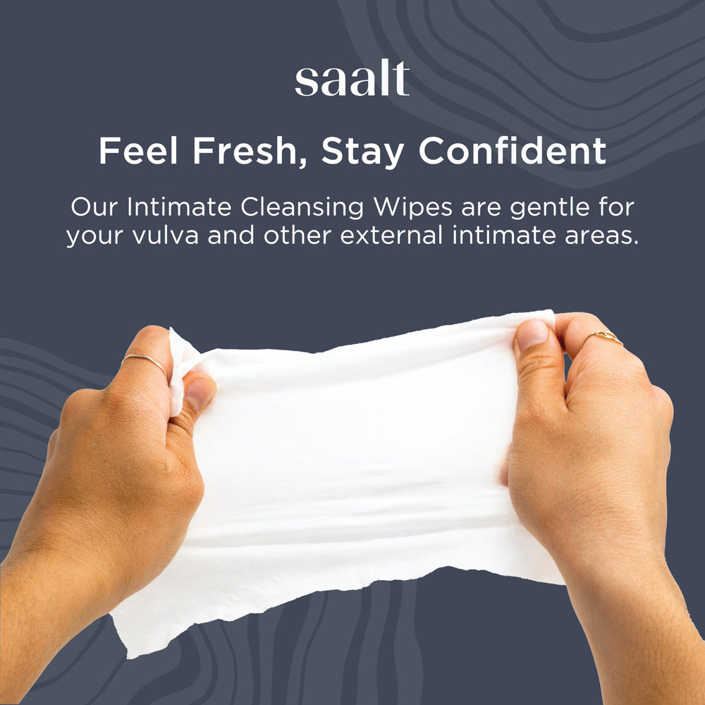 Saalt Toallitas Íntimas de tamaño viaje, listas para refrescarte en cualquier lugar.