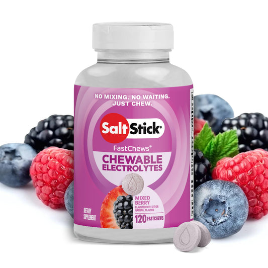 SaltStick envase frontal FastChews Mixed Berry mostrando cantidad y marca