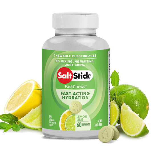 SaltStick envase frontal mostrando 120 tabletas y fácil transporte