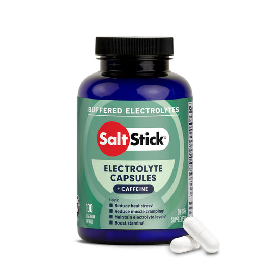 SaltStick envase frontal mostrando 100 cápsulas y beneficios