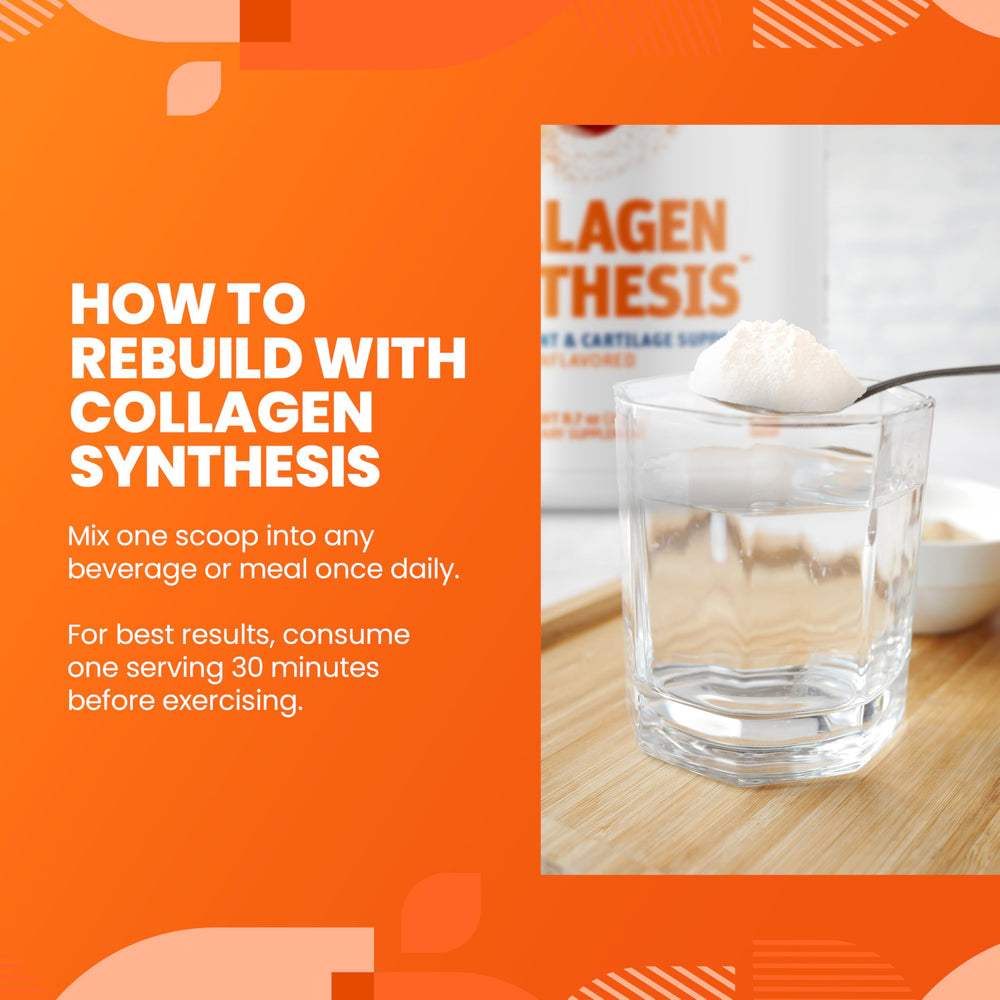 SaltWrap Collagen Synthesis powder being stirred into a beverage shows easy preparation.