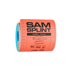 SAM Medical Sam Splint 36" empacado frontal mostrando color naranja y azul, fácil identificación