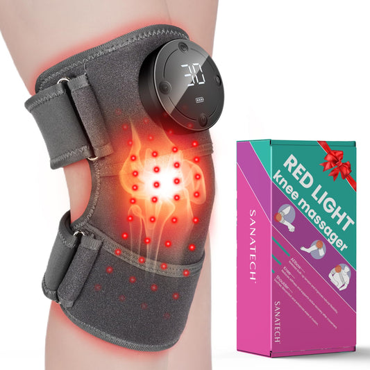 SanaTech knee brace close-up shows dual wavelength LEDs for targeted comfort.