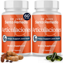 Santo Remedio frasco frente mostrando etiqueta y beneficio de soporte articular