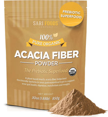 Sari Foods envase frontal mostrando fibra de acacia y confianza orgánica