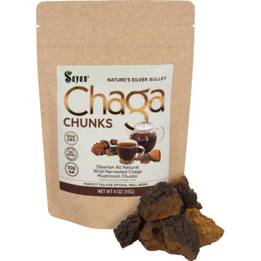 Sayan Chaga: trozos crudos con capa negra superior para infusión suave.