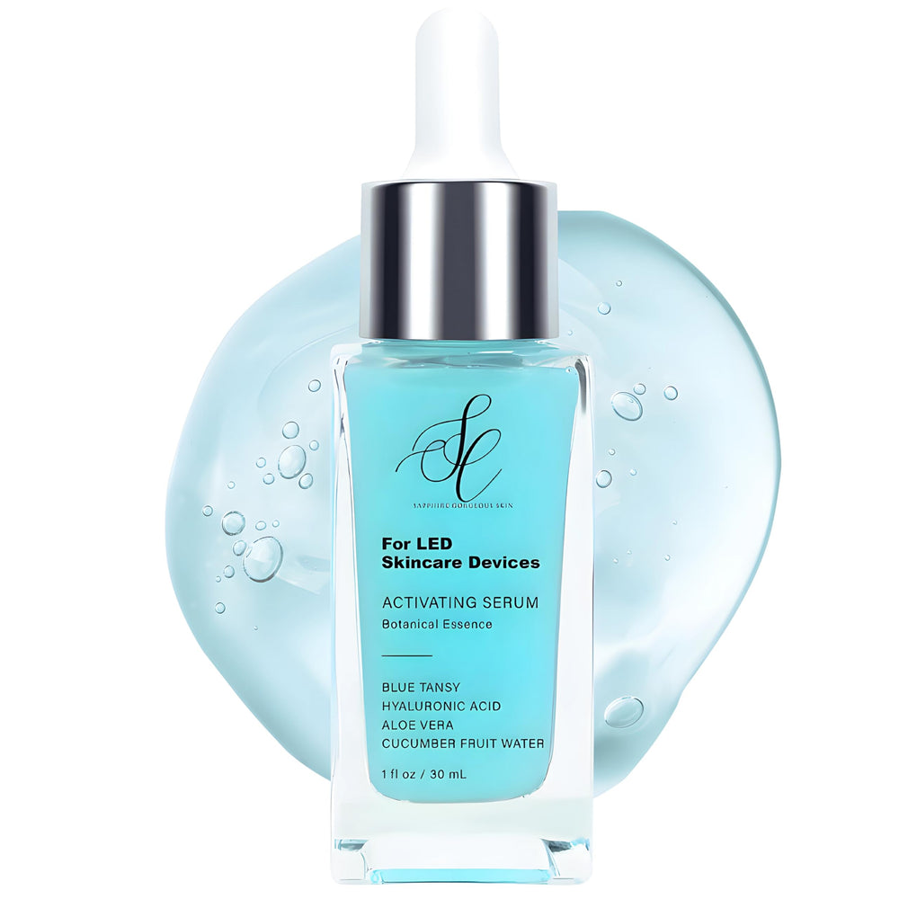SC Sapphire Red Light Activation Essence bottle shown for enhanced LED therapy absorption