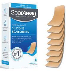 ScarAway paquete frontal mostrando 8 tiras para tratamiento de cicatrices, comodidad y discreción