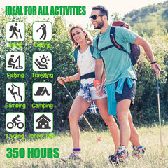 Escena de camping con personas usando pulseras Scentpellent, útil para actividades al aire libre