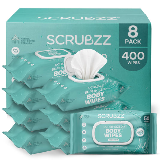 Scrubzz paquete frontal mostrando 400 toallitas, práctico para ahorro