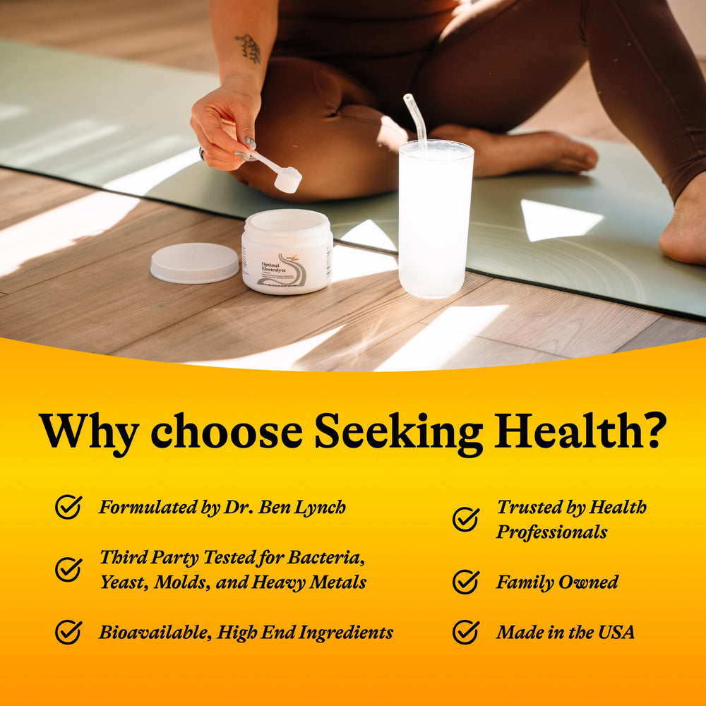 Seeking Health etiqueta nutricional legible en primer plano, ventaja: información clara sobre ingredientes y alérgenos