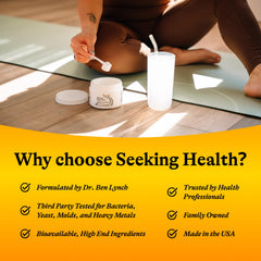 Seeking Health etiqueta nutricional legible en primer plano, ventaja: información clara sobre ingredientes y alérgenos