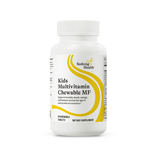 Seeking Health frontal del envase mostrando multivitamínico masticable y beneficios