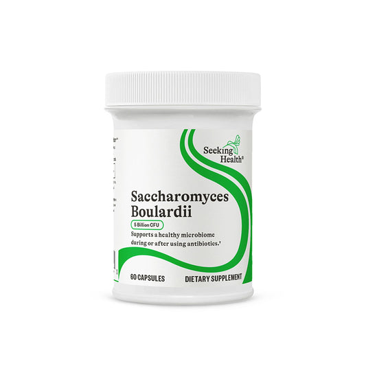 Saccharomyces boulardii de Seeking Health, botella de cápsulas para apoyo digestivo.