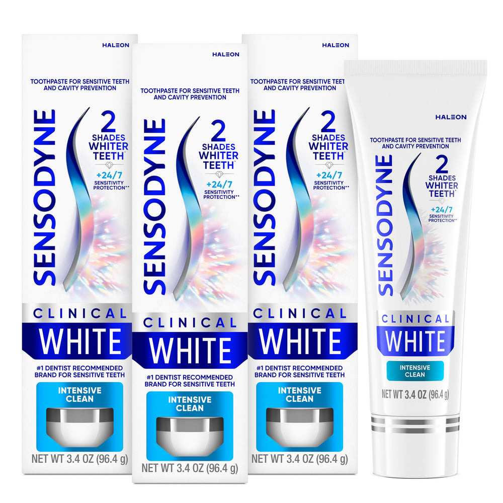 Sensodyne Clinical White empaque frontal mostrando beneficios y presentacion