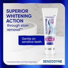 Sensodyne etiqueta con ingredientes y beneficios reparadores visibles
