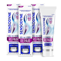 Sensodyne frente del empaque mostrando los tres tubos y beneficios