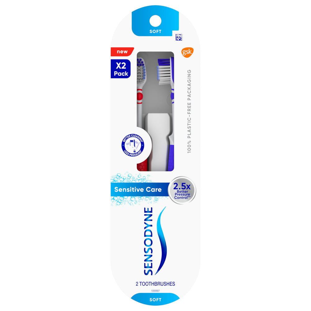 Sensodyne packaging frontal mostrando pack de dos y beneficio reciclable