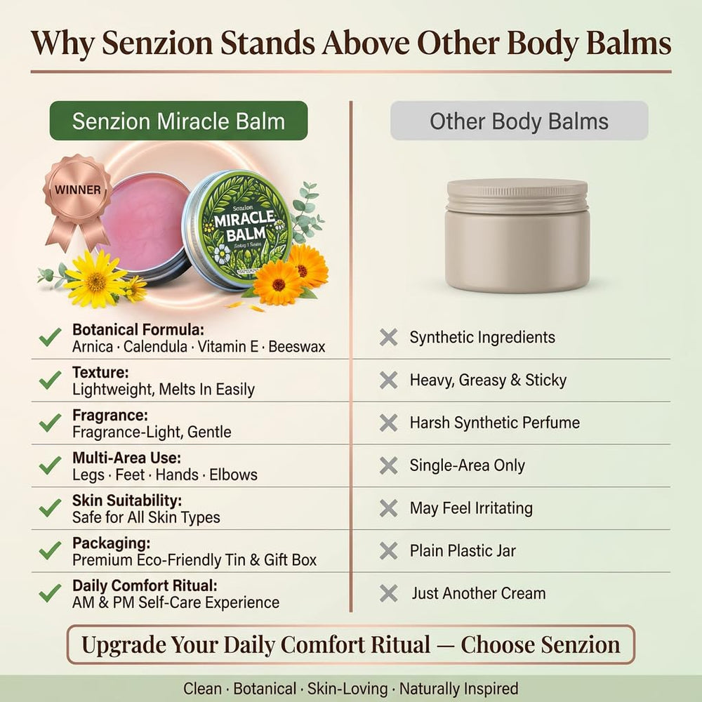 Senzion Miracle Balm etiqueta y lista de ingredientes naturales visibles