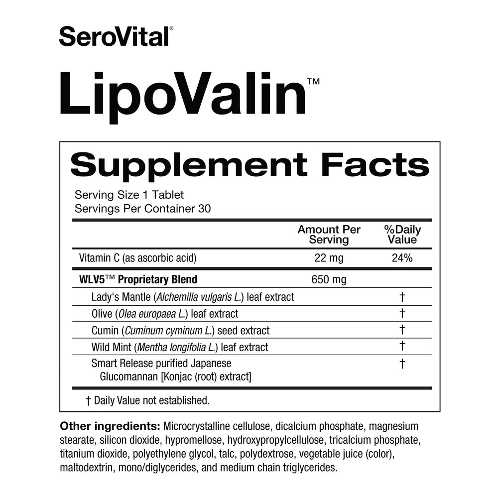 Serovital LipoValin etiqueta mostrando ingredientes clave y respaldo clínico