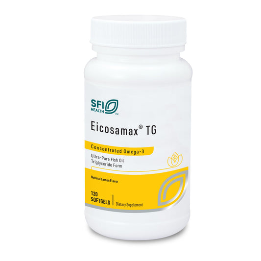 SFI Health Eicosamax TG softgel lemon close-up, supports heart and brain function