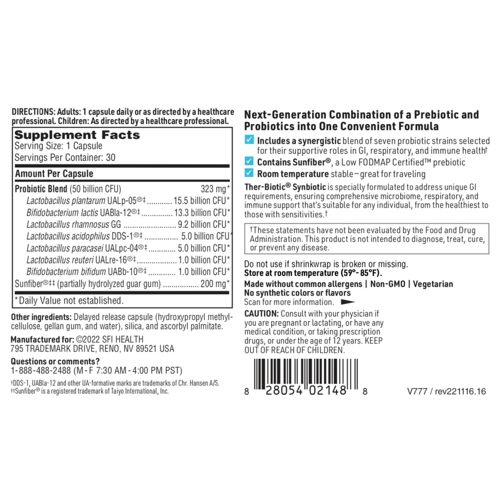 Cápsula Ther-Biotic Synbiotic disolviéndose en agua, ilustra uso cotidiano práctico