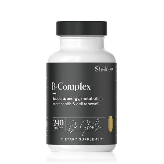 Shaklee B-Complex vista frontal del envase con 240 tabletas y ventaja de suministro prolongado