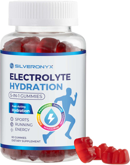 SILVERONYX frasco frontal mostrando 60 gomitas para hidratación portátil