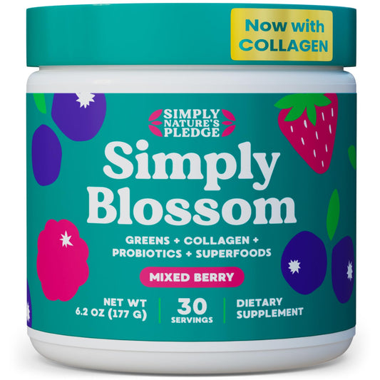 Simply Nature's Pledge frente del tarro mostrando etiqueta y beneficios
