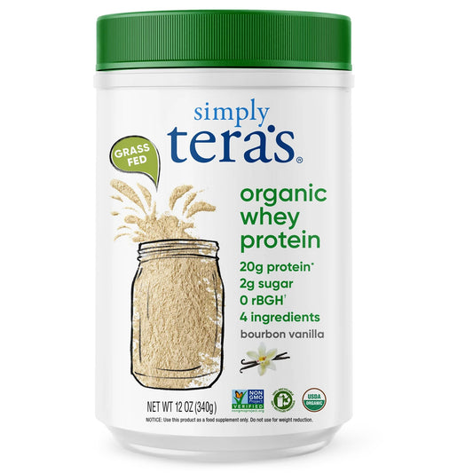 Simply Tera's proteina whey orgánica vainilla en frasco, aporte proteico diario