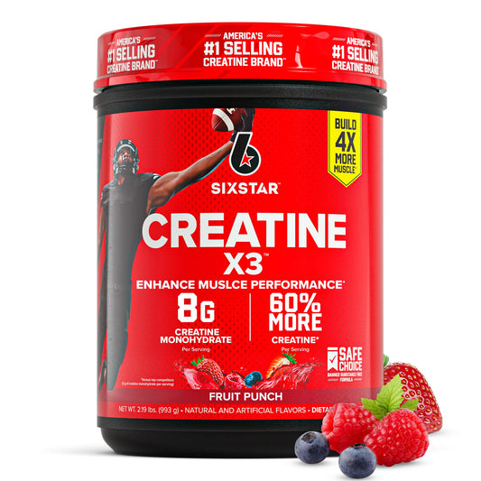 Six Star envase frontal del creatine X3 mostrando tamaño y sabor Fruit Punch
