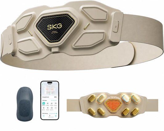 SKG W9 Ultra vista frontal mostrando el cinturón y panel de control para alivio lumbar
