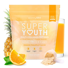 SkinnyFit envase Super Youth Collagen al frente mostrando el diseño y beneficio de belleza