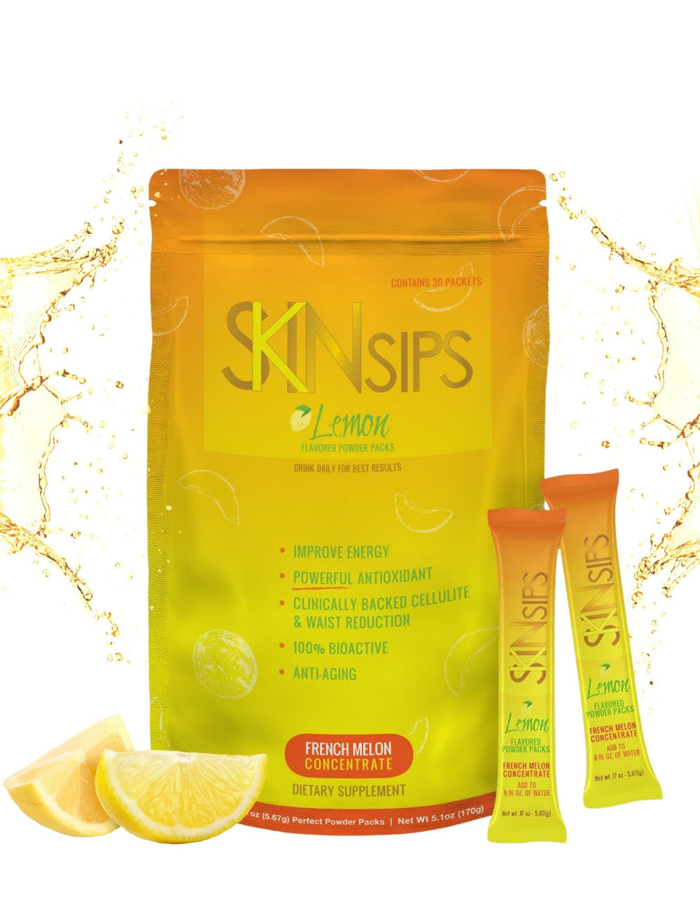 SkinSips Lemon stick-pack for on-the-go hydration with antioxidants